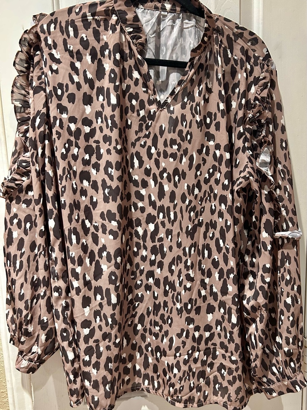 SHEIN Taupe Leopard Print Ruffle Sleeve Blouse